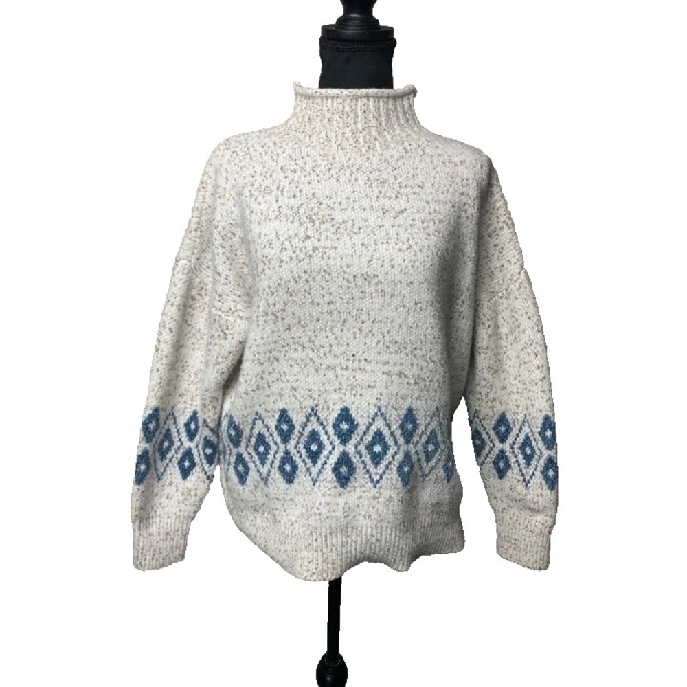 Rita Mock Neck Sweater Small Cream Blue Geometric Diamond Knit Fair Isle Vintage